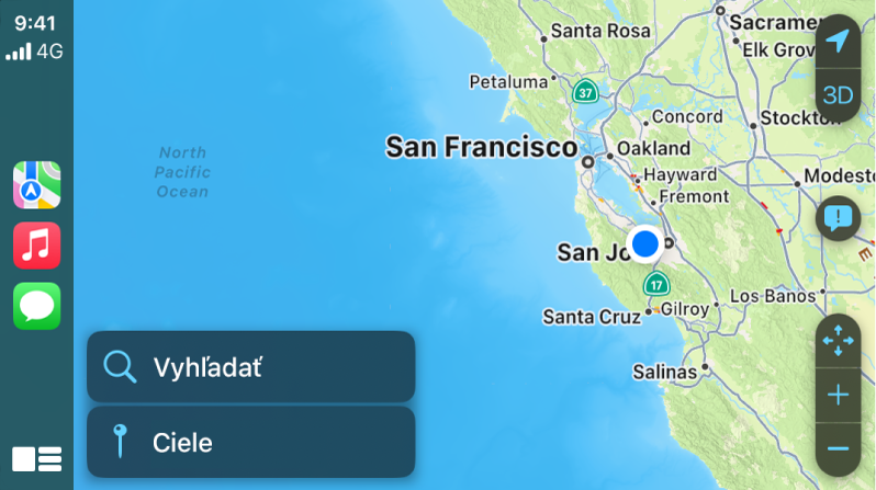 Systém CarPlay zobrazujúci ikony Mapy, Hudba a Správy na ľavej strane a mapu aktuálnej oblasti na pravej strane.