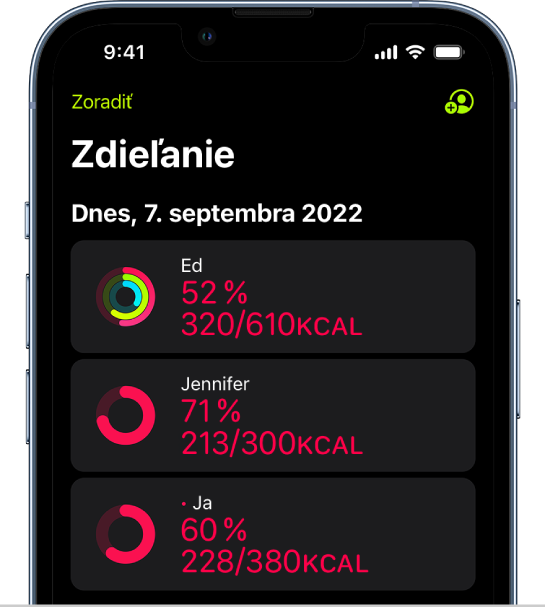 Okno zdieľania v apke Kondícia s kruhmi pohybu a zhrnutiami aktivity, ktoré sa zdieľajú medzi užívateľom a jeho priateľmi.