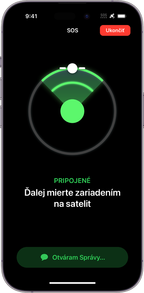 Obrazovka SOS s grafikou informujúcou užívateľa, ako namieriť iPhone na satelit. Pod obrázkom je hlásenie s textom „Otváram Správy“.