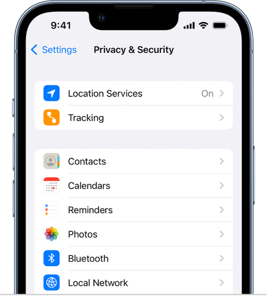 Zaslon Privacy and Security v Settings.