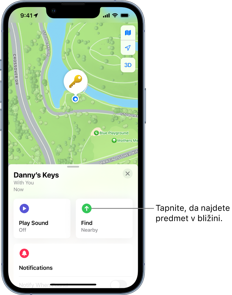 Odpre se aplikacija Find My, ki prikazuje Dannyjeve ključe v parku Golden Gate. Tapnite gumb Find, da poiščete bližnji predmet.