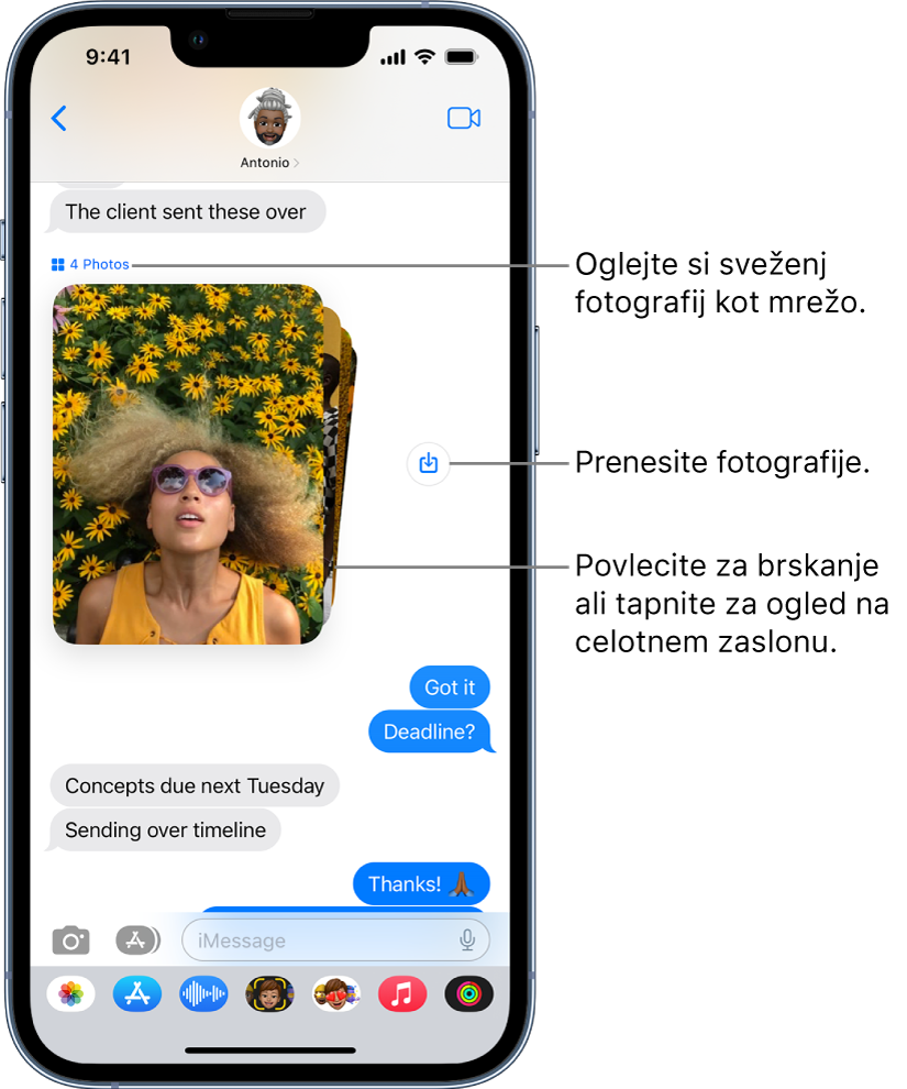 Pogovor v aplikaciji Messages, vključno z zbirko fotografij ljudi in rož poleg gumba Save.