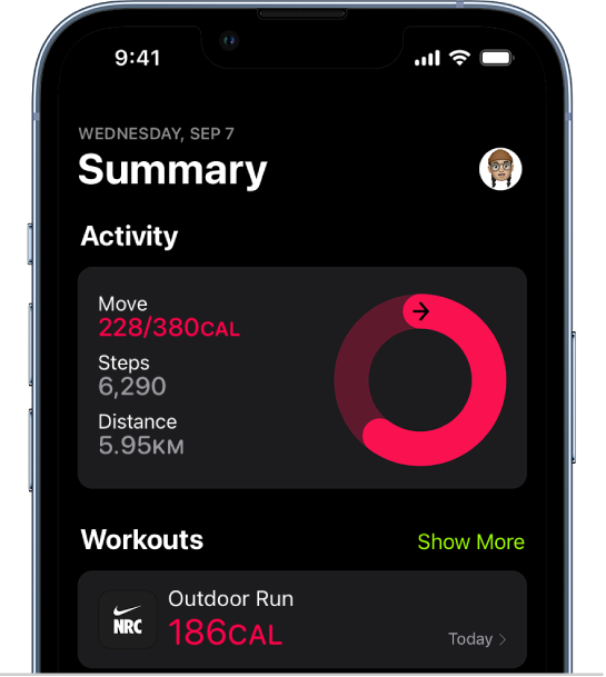 Zaslon s povzetkom v aplikaciji Fitness, ki prikazuje območji Activity in Workouts.