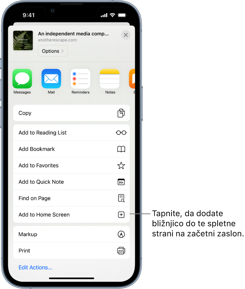 V brskalniku Safari na spletnem mestu, ki je bila tapnjena, je odprt gumb Share, ki prikazuje seznam možnosti. Pri dnu zaslona je možnost Add to Home Screen. Tapnite, da dodate bližnjico do tega spletnega mesta na začetni zaslon.