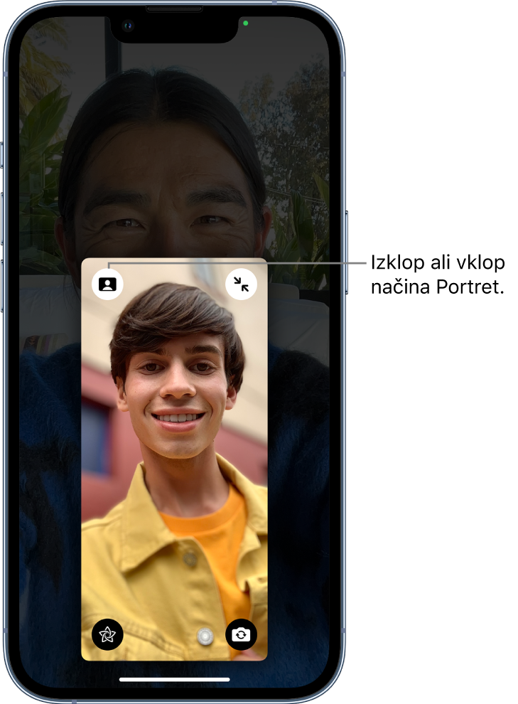 Klic FaceTime s povečano ploščico klicatelja in prikazanim gumbom za vklop ali izklop načina Portrait v zgornjem levem kotu ploščice.