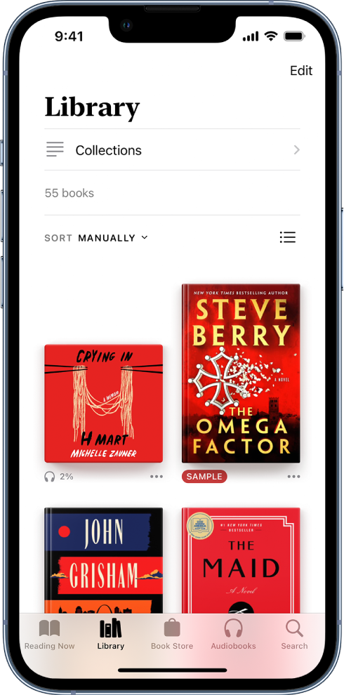 V aplikaciji Books je izbran zavihek Library. Na vrhu zaslona so gumb Collections in možnosti razvrščanja. Izbrana je možnost razvrščanja Manually. Na sredini zaslona so prikazane naslovnice knjig v knjižnici. Na dnu zaslona so od leve proti desni zavihki Reading Now, Library, Book Store, Audiobooks in Search.