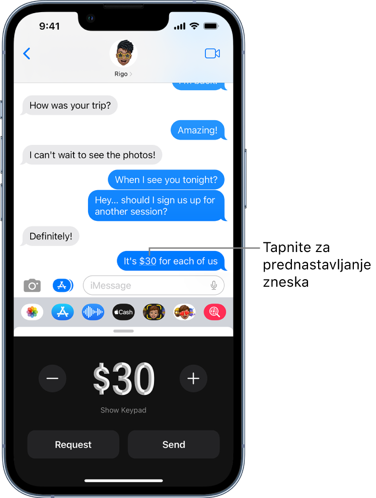 Pogovor iMessage z odprto aplikacijo Apple Pay na dnu.