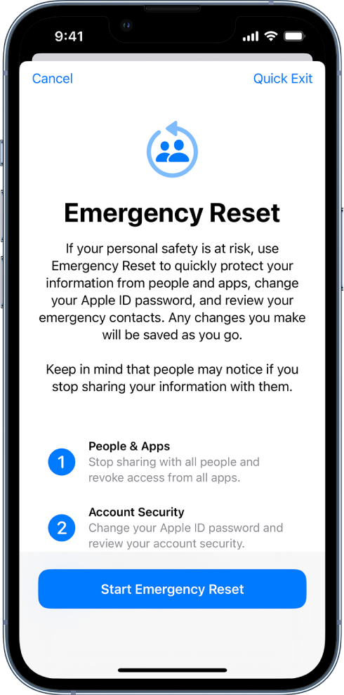 Zaslon Emergency Reset z informacijami o delovanju funkcije. Gumb Start Emergency Reset je na dnu.