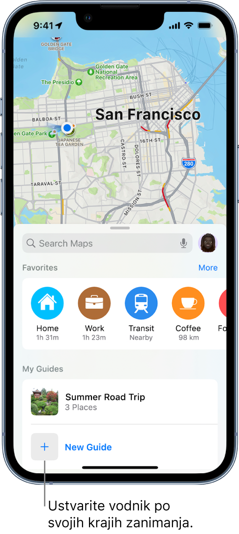 Iskalna kartica v aplikaciji Maps z gumbom New Guide na dnu.