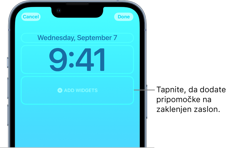 Zaklenjeni zaslon po meri je v procesu ustvarjanja. Elementi, ki so na voljo za prilagajanje – datum, ura in gumb za dodajanje pripomočkov.