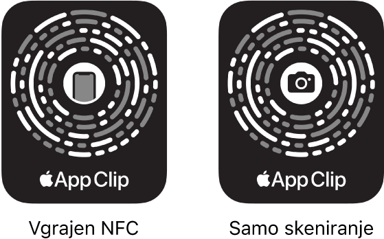 Na levi strani je koda App Clip, ki je integrirana v NFC, na sredini pa je ikona iPhone. Na desni strani je koda App Clip, ki jo je mogoče samo skenirati, na sredini pa je ikona fotoaparata.