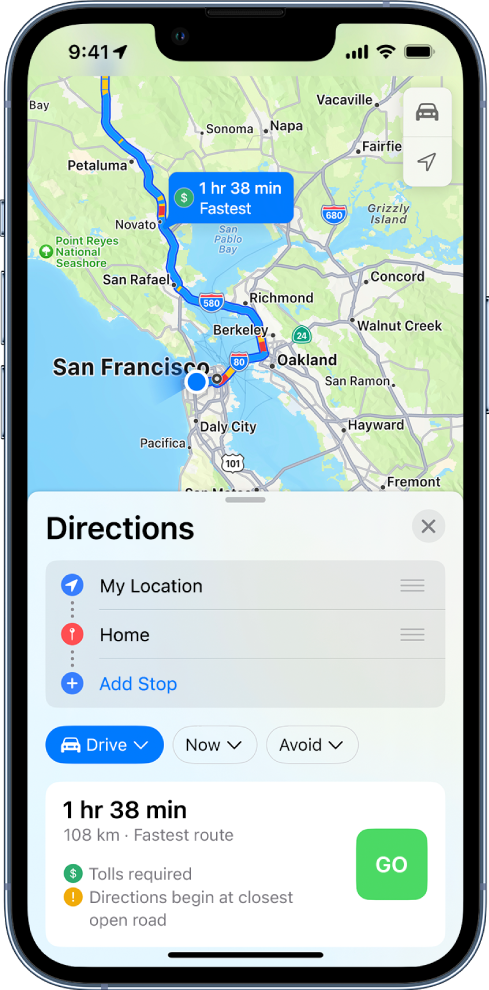 Një hartë e një itinerari me makinë me butonin Go në pjesën e poshtme djathtas.