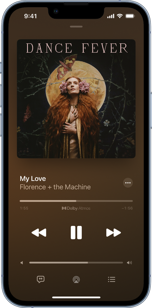 Ekrani Now Playing që shfaq stemën Dolby Atmos nën titullin e luajtjes.