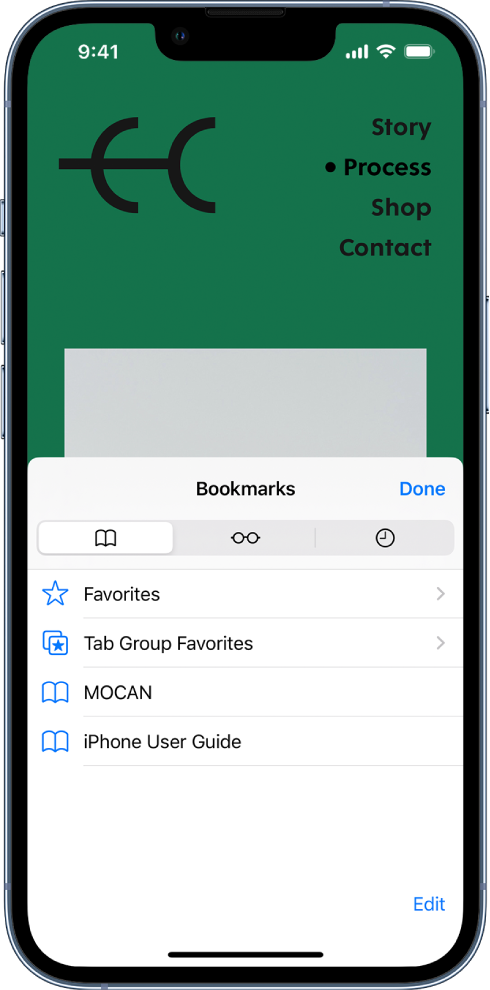 Ekrani Bookmarks, me opsione për të parë faqeshënuesit, Favorites, Tab Group Favorites, Reading List dhe historinë e shfletimit.