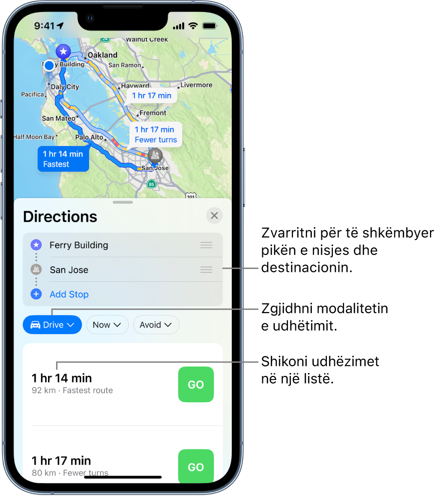Një hartë që tregon disa itinerare me makinë midis dy vendndodhjeve, me opsione për të këmbyer pikën e nisjes dhe destinacionit, për të zgjedhur modalitete të tjera të udhëtimit dhe për t'i parë udhëzimet në një listë.