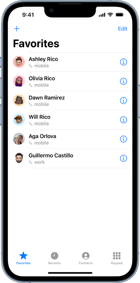 Ekrani Favorites në aplikacionin Contacts; gjashtë kontakte janë renditur si të preferuara.