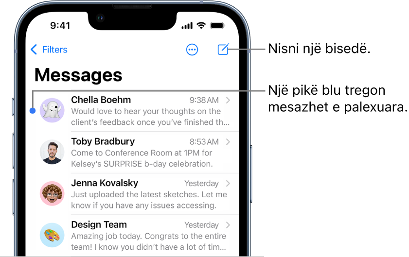 Lista e Messages, me butonin Compose lart djathtas. Një pikë blu në të majtë të mesazhit tregon që është i palexuar.