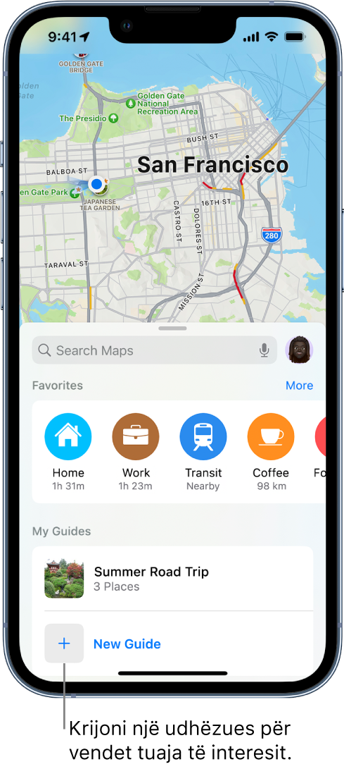 Një kartë kërkimi në Maps me butonin New Guide në fund.