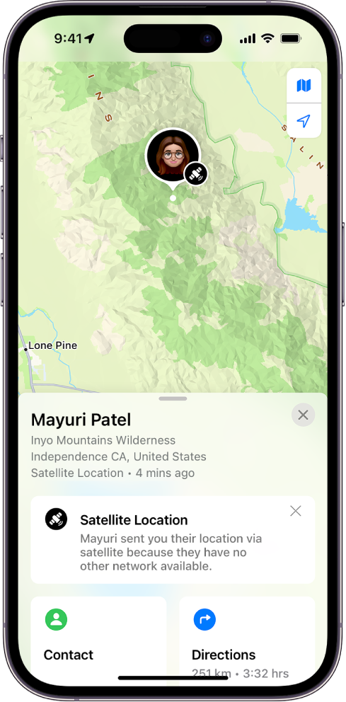 Екран Find My који се појављује када пријатељ подели податке о својој локацији путем сателитске везе.