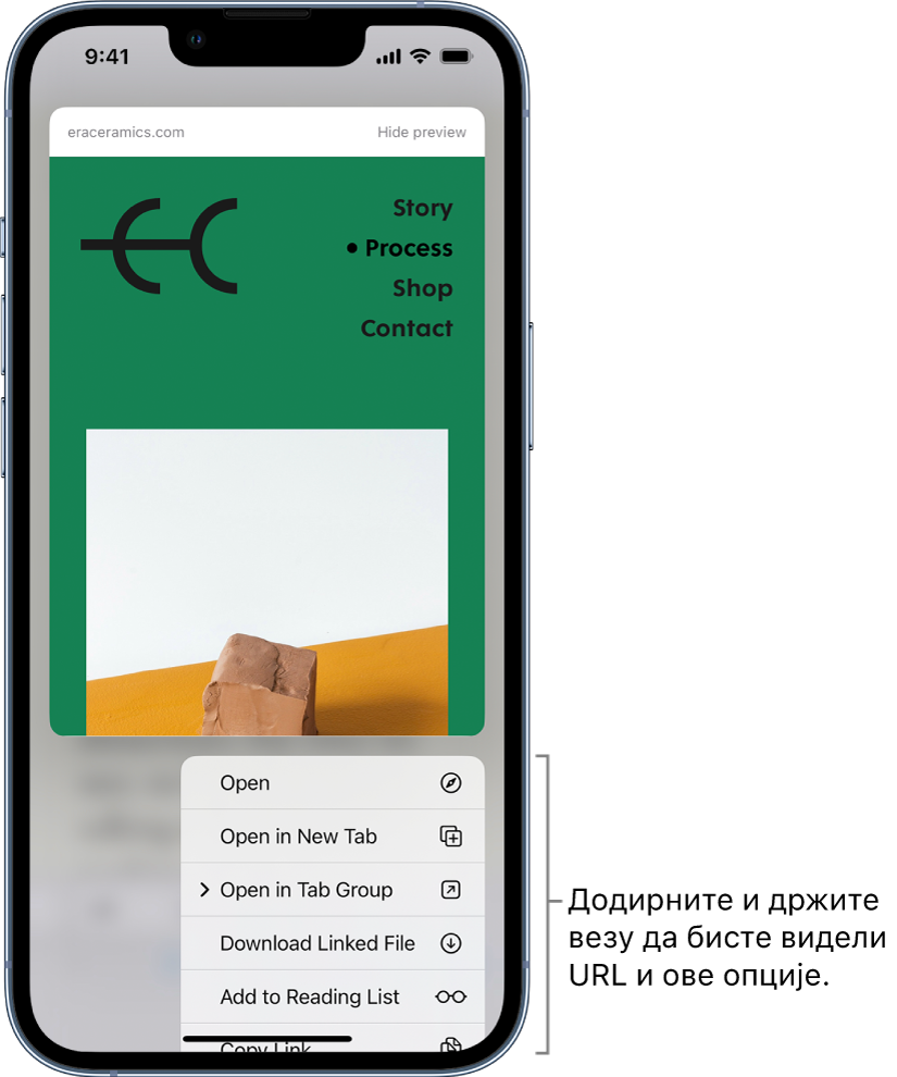 Преглед одредишне URL адресе после које следи листа могућих радњи: Open, Open in New Tab, Open in Tab Group, Download Linked File, Add to Reading List и Copy Link.