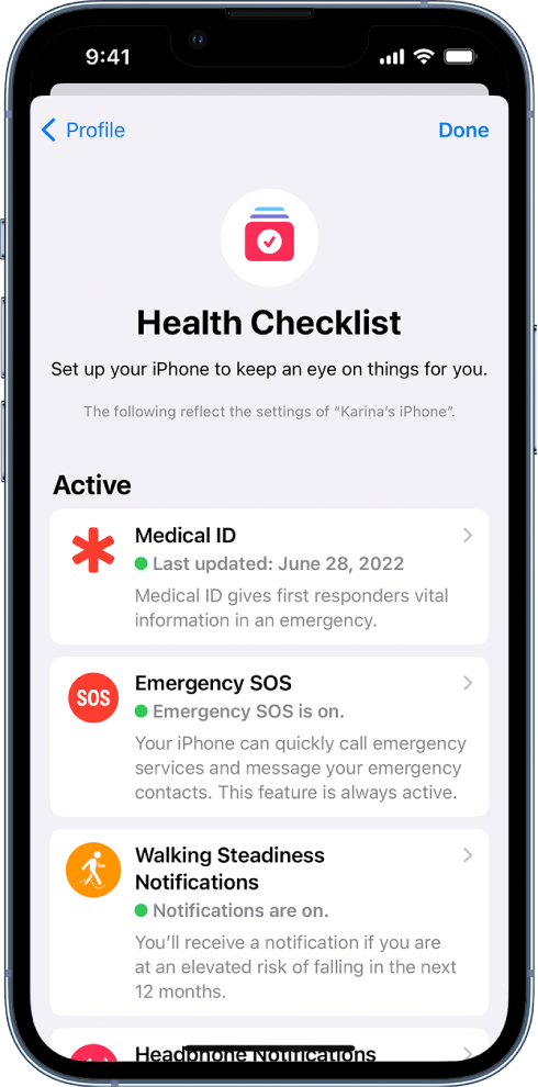 Екран Health Checklist на ком се види да су Medical ID и Walking Steadiness Notifications активни.