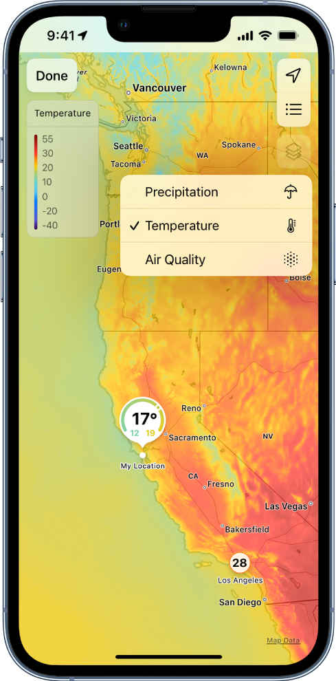 Екран испуњава температурна мапа околног подручја. У горњем десном углу су приказана, одозго надоле, дугмад Current Location и Favorite Locations. На средини екрана је мени у ком су приказана следећа дугмад за промену приказа на екрану: Temperature, Precipitation и Air Quality. У горњем левом углу се налази дугме Done.