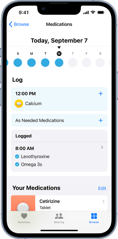 На екрани Medications у апликацији Health приказане су временска линија и евиденција за лекове.