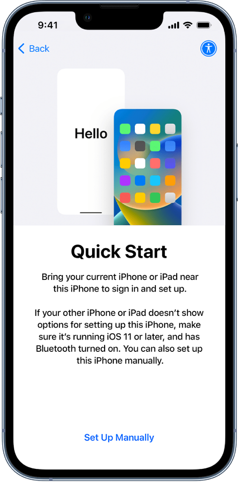 Екран подешавања Quick Start са упутством да приближите тренутни iPhone или iPad новом iPhone-у да бисте почели са подешавањем. Ту је и опција за ручно подешавање уређаја.