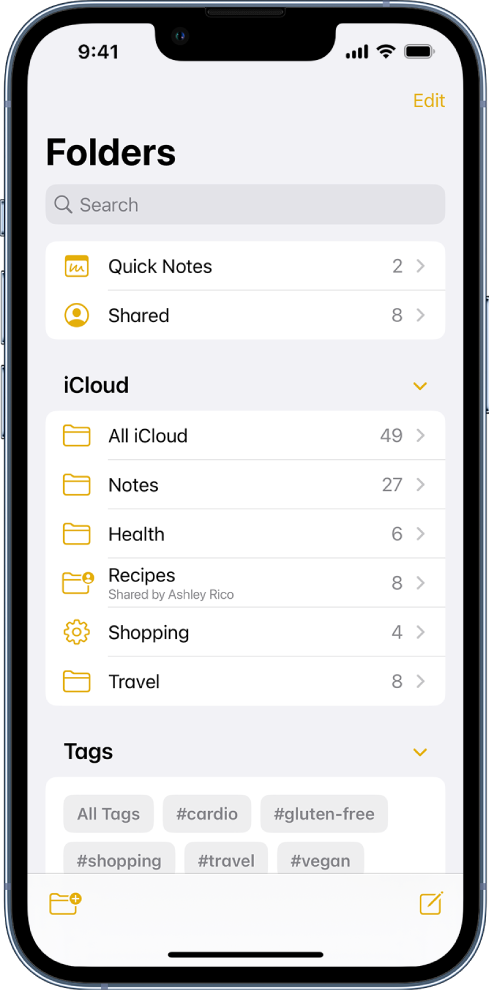 Листа Folders у апликацији Notes, при чијем се врху налази поље за претрагу.