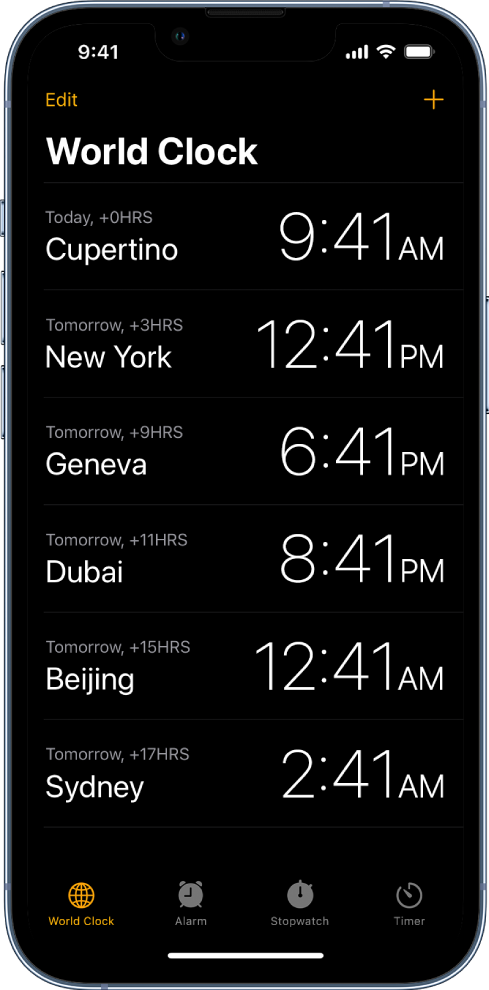 Картица World Clock на којој је приказано време у различитим градовима. Дугме Edit поред горњег левог угла вам омогућава да прераспоредите или обришете сатове. Дугме Add поред горњег десног угла вам омогућава да додате још сатова. World Clock, Alarm, Stopwatch и Timer су смештена дуж доње ивице.