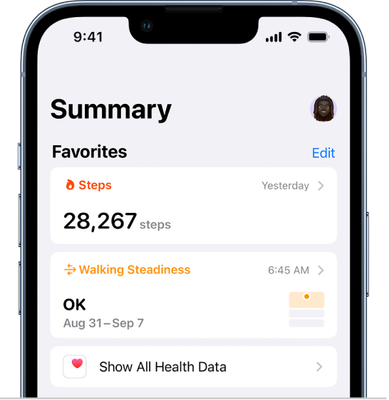Екран Summary у апликацији Health. Информације о стабилности хода су приказане испод ставке Favorites.