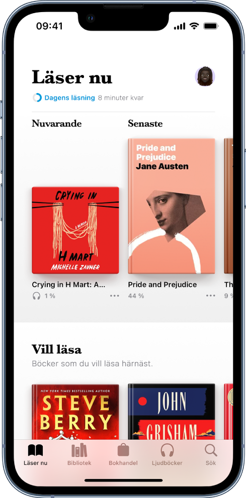 Skärmen Läser nu i appen Böcker. Längst ned på skärmen visas, från vänster till höger, flikarna Läser nu, Bibliotek, Bokhandel, Ljudböcker och Sök.