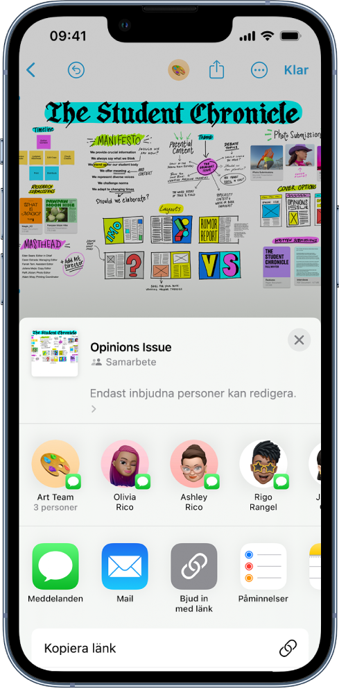 iPhone med appen Freeform och samarbetsalternativ i appen öppen.