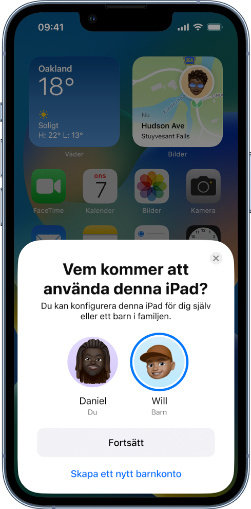 Inställningsskärmen för Snabbstart frågar vem som ska använda en iPad: Daniel (Du) eller Will (barn).