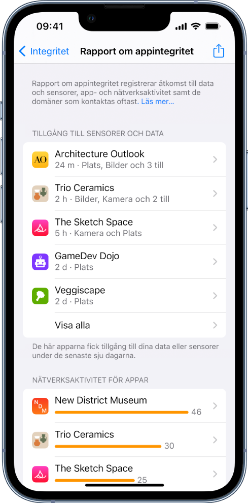 Rapport om appintegritet listar information om fem appar för kategorin Åtkomst till data och sensorer och information om tre appar för kategorin Nätverksaktivitet för appar.