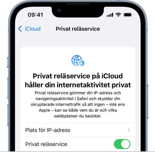 Skärmen Inställningar för att slå på eller stänga av Privat reläservice.