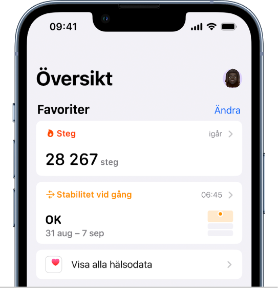 Skärmen Översikt i Hälsa. Information om stabilitet vid gång visas nedanför Favoriter.