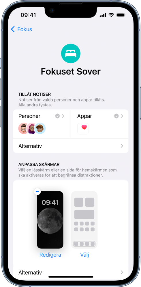 Skärmen för fokusläget Sover visar att tre personer och en app tillåts att skicka notiser.