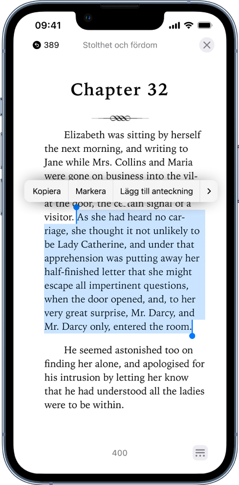 En sida i en bok i appen Böcker där en del av sidans text är markerad. Reglagen för att kopiera, markera och lägga till anteckning finns ovanför den markerade texten.