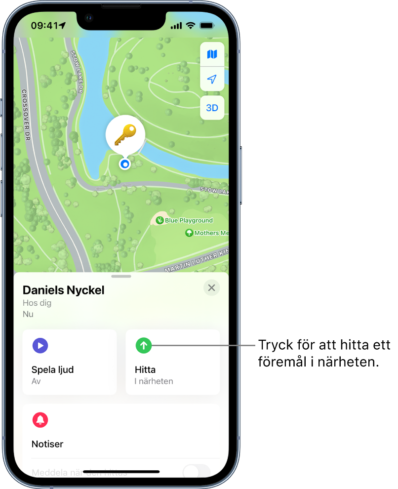 Appen Hitta öppnas och visar Dannys nycklar i Golden Gate Park. Hitta ett föremål i närheten genom att trycka på Hitta-knappen.