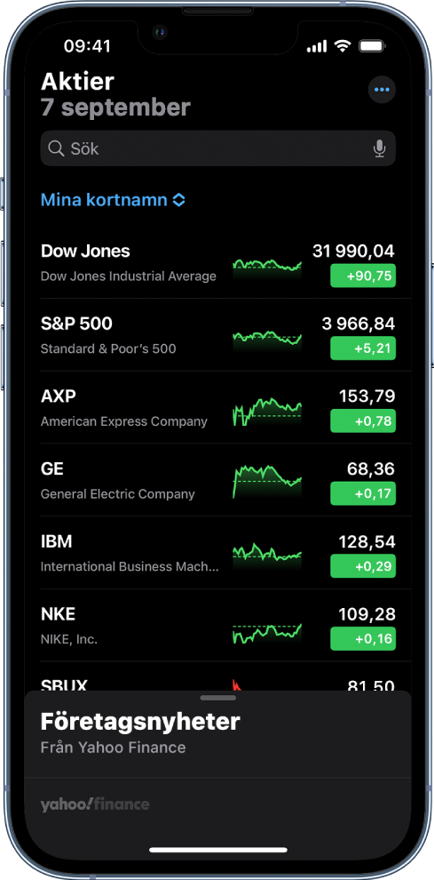 En visningslista som innehåller en lista med olika aktier. Alla aktier i listan visar, från vänster till höger, aktiekortnamn och namn, ett diagram över kursutvecklingen, aktiekurs och kursförändring. Sökfältet finns högst upp på skärmen, ovanför visningslistan Mina kortnamn. Affärsnyheter finns längst ned på skärmen. Svep uppåt på Företagsnyheter om du vill läsa artiklar.