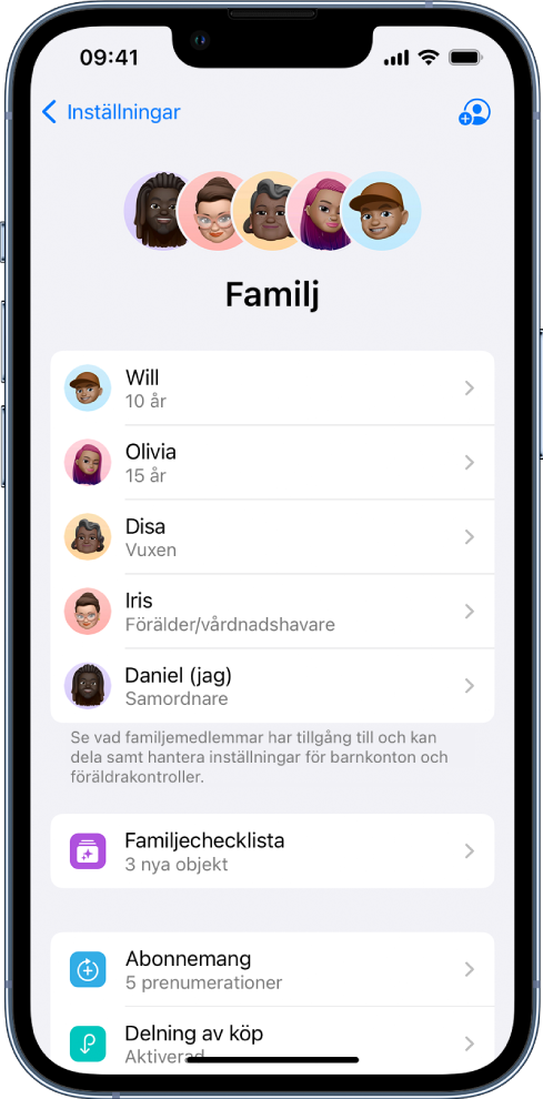 Skärmen Familjedelning i Inställningar. Fem familjemedlemmar är listade. Nedanför deras namn visas Familjechecklista samt alternativen Abonnemang, Delning av köp och Platsdelning.
