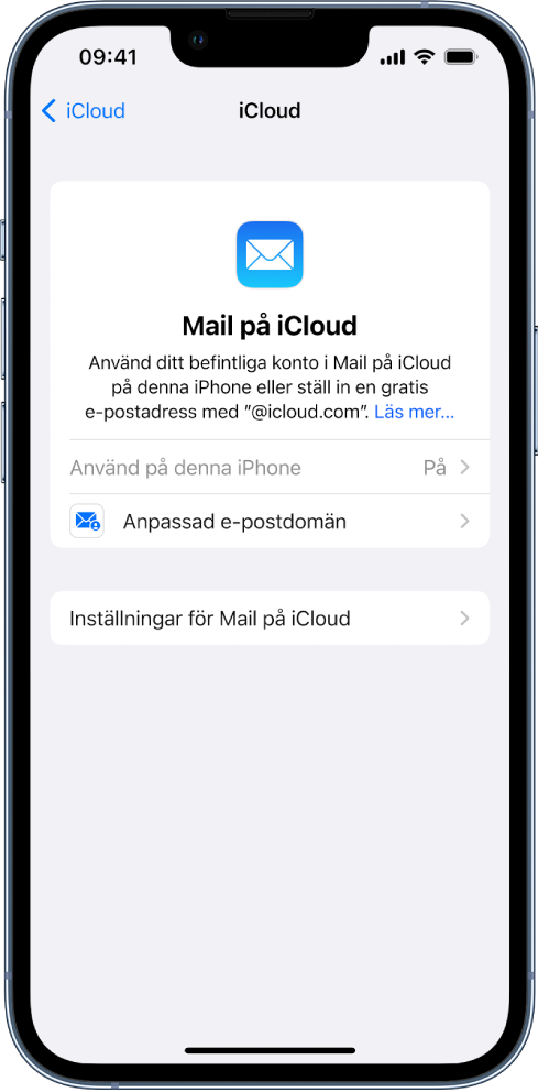 På den övre halvan av Mail på iCloud-skärmen är Använd på denna iPhone aktiverat. Under det finns alternativ för inställningarna för den anpassade e-postdomänen och Mail på iCloud.
