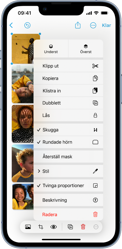 En Freeform-tavla med flera bilder. En av bilderna är markerad och formateringsverktygen är synliga.