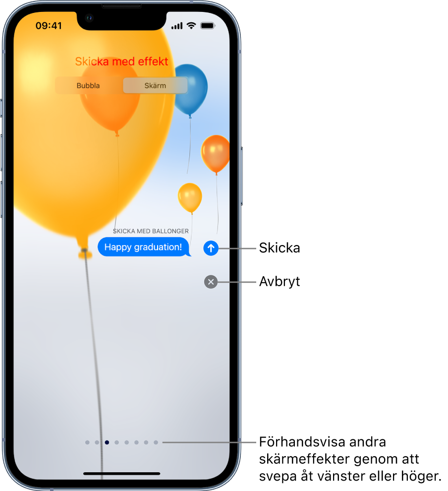 En förhandsvisning av ett meddelande med en helskärmseffekt med ballonger.