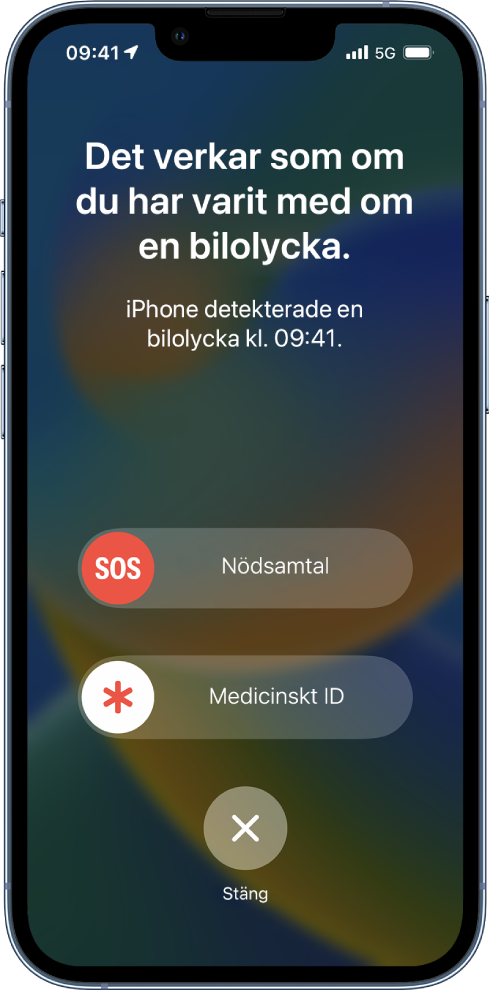 En iPhone-skärm visar att en olycka har detekterats och nedanför finns knapparna Nödsamtal, Medicinskt ID och Stäng.