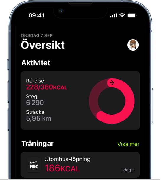 Skärmen Översikt i Fitness som visar områdena Aktivitet och Träningar.
