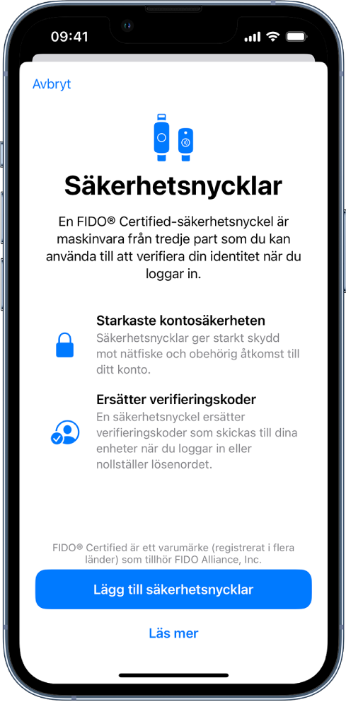 Välkomstskärmen för säkerhetsnycklar. Nära nederkanten finns knappen Lägg till säkerhetsnycklar och en Läs mer-länk. Ovanför dem finns en förklarande text om fördelarna med att använda säkerhetsnycklar.