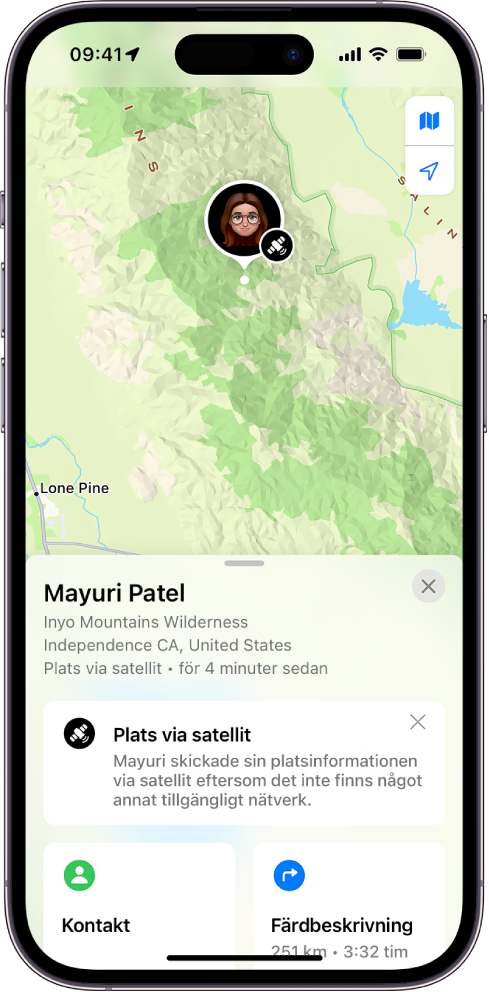 Hitta-skärmen som den ser ut när en vän delar sin plats via satellit.