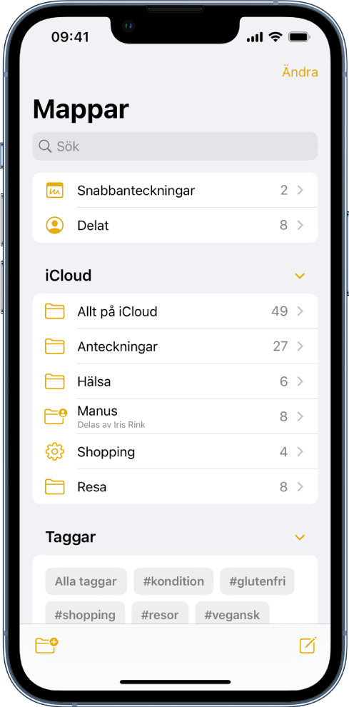 Mapplistan i appen Anteckningar med sökfältet överst.